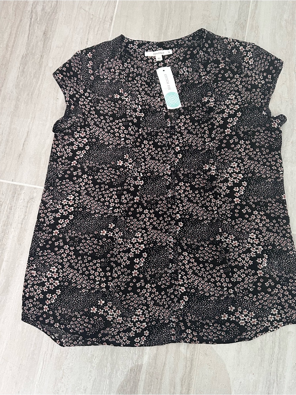 Fun2Fun Alvena Split Neck Top Black with Floral